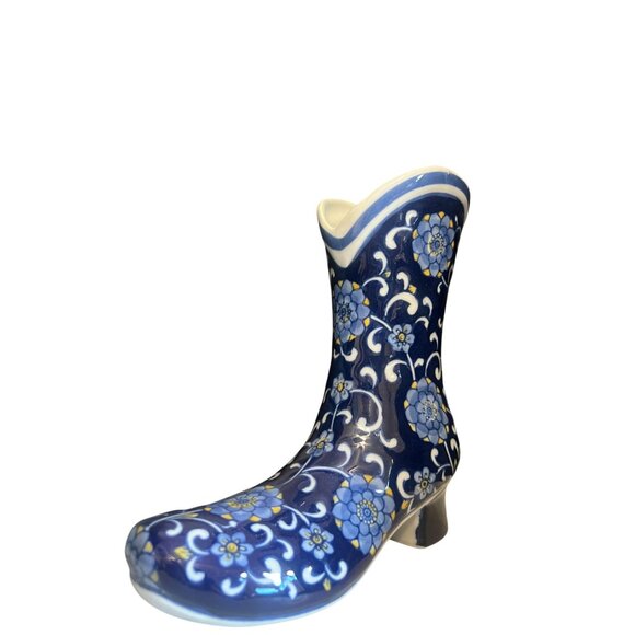 Vtg Chinoiserie Western Cowboy Boot Porcelain Vase Blue White Floral Texas Rodeo - Picture 2 of 7